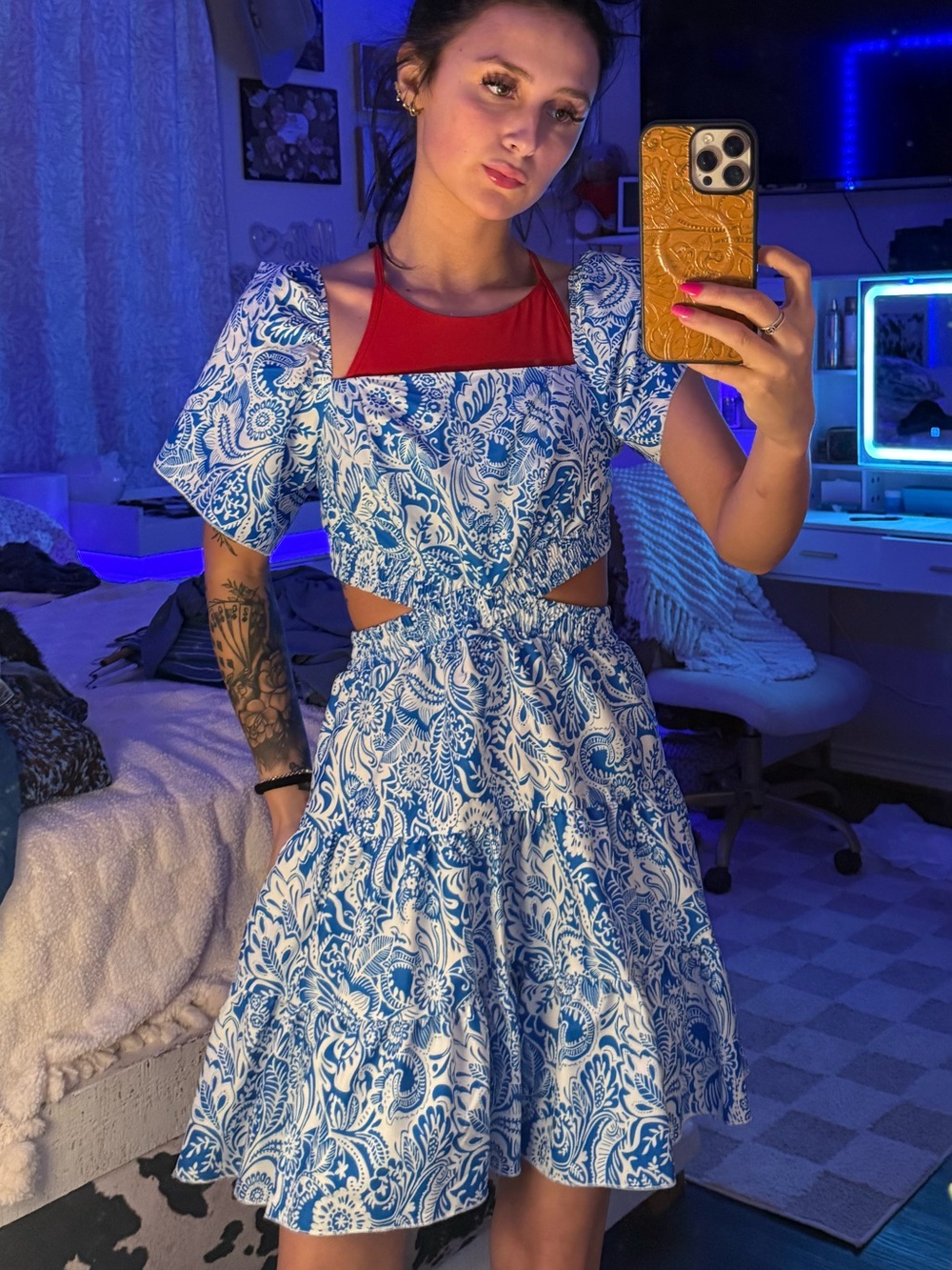 SHEIN Blue & White Paisley Cutout Fit-and-Flare Dress with Red Insert